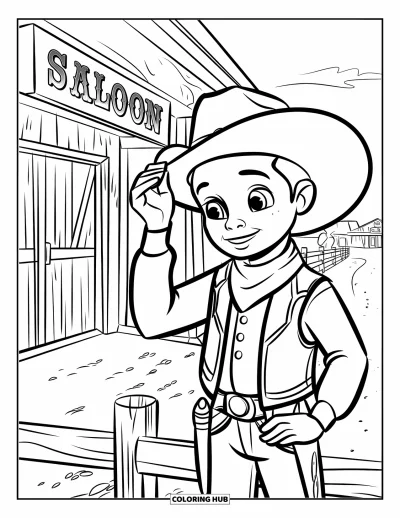 Coloriage de cowboys pour enfants : Un jeune cowboy soulève son chapeau devant un saloon avec des chemins poussiéreux et des bâtiments alentour