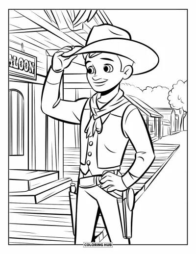 Coloriage de cowboys pour enfants : Un jeune cowboy soulève son chapeau devant un saloon aux murs en bois avec des arbres derrière