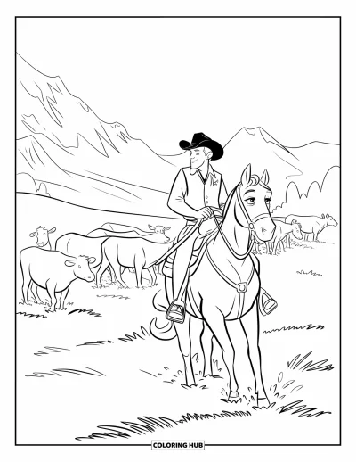 Coloriage de cowboys pour enfants : Du bétail se disperse sur les terres guidé par un cowboy, avec des montagnes et des arbres au loin