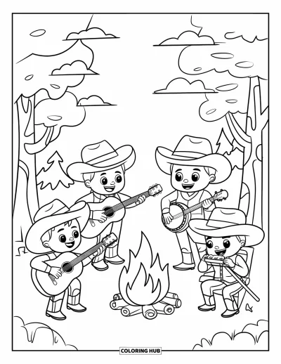 Coloriage de cowboys pour enfants : Des cowboys jouent de la musique et chantent ensemble autour d'un feu de camp entouré d'arbres et de nuages