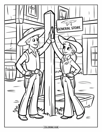 Coloriage de cowboys pour enfants : Le cowboy et la cowgirl se tapent dans la main près de tonneaux, d'un poteau d'attache et d'un magasin général