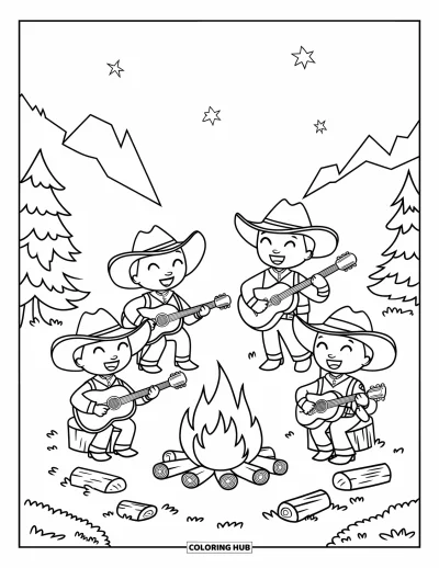 Coloriage de cowboys pour enfants : Trois cowboys jouent de la musique autour d'un feu de camp sous un ciel étoilé avec des arbres et des montagnes