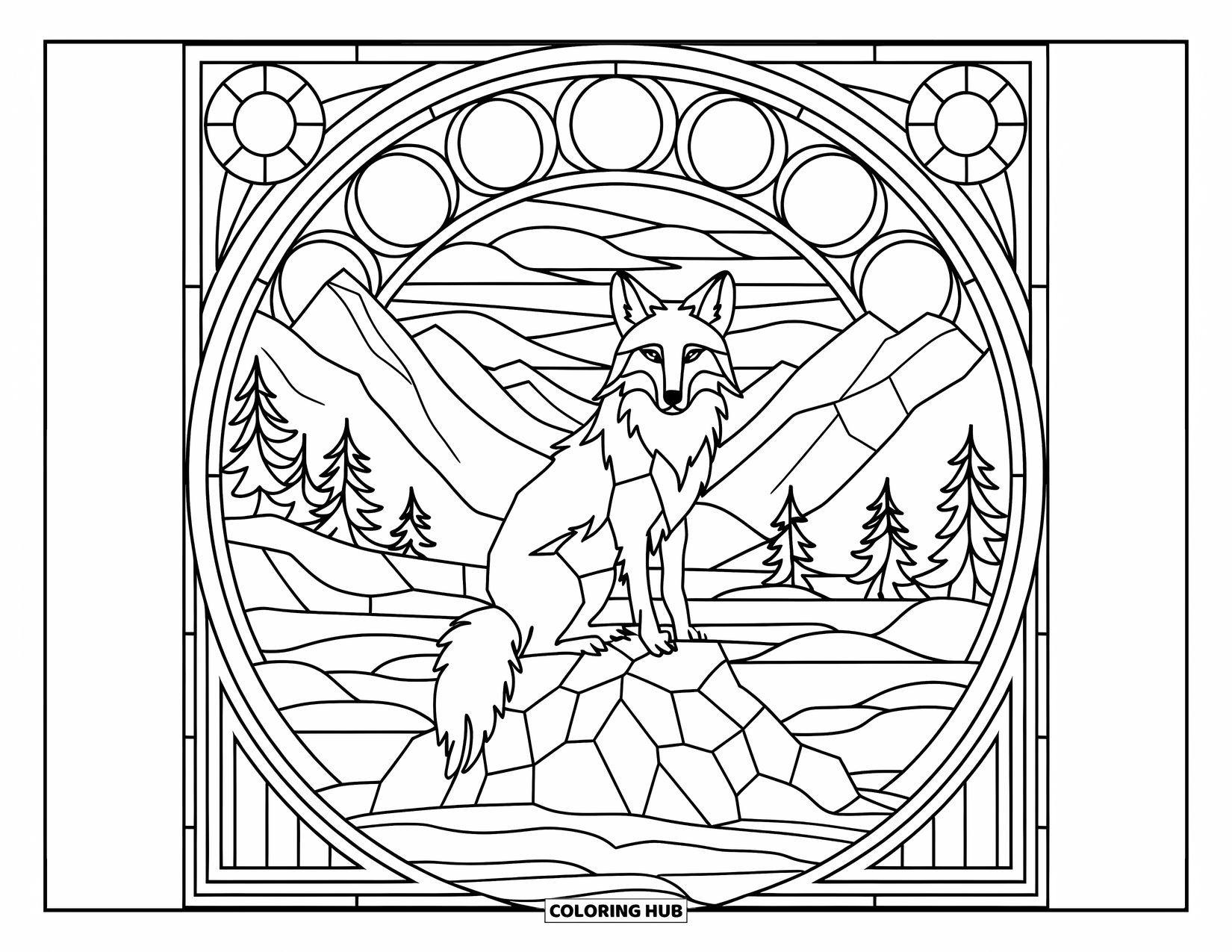 Coyote Coloring Page for Adults: A coyote perches on a rock in a peaceful mountain and lake scene