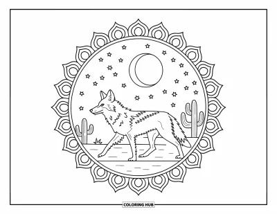 Omalovánka kojota pro dospělé: Kojot prochází pod hvězdnatou oblohou s kaktusy a mandala ornamenty