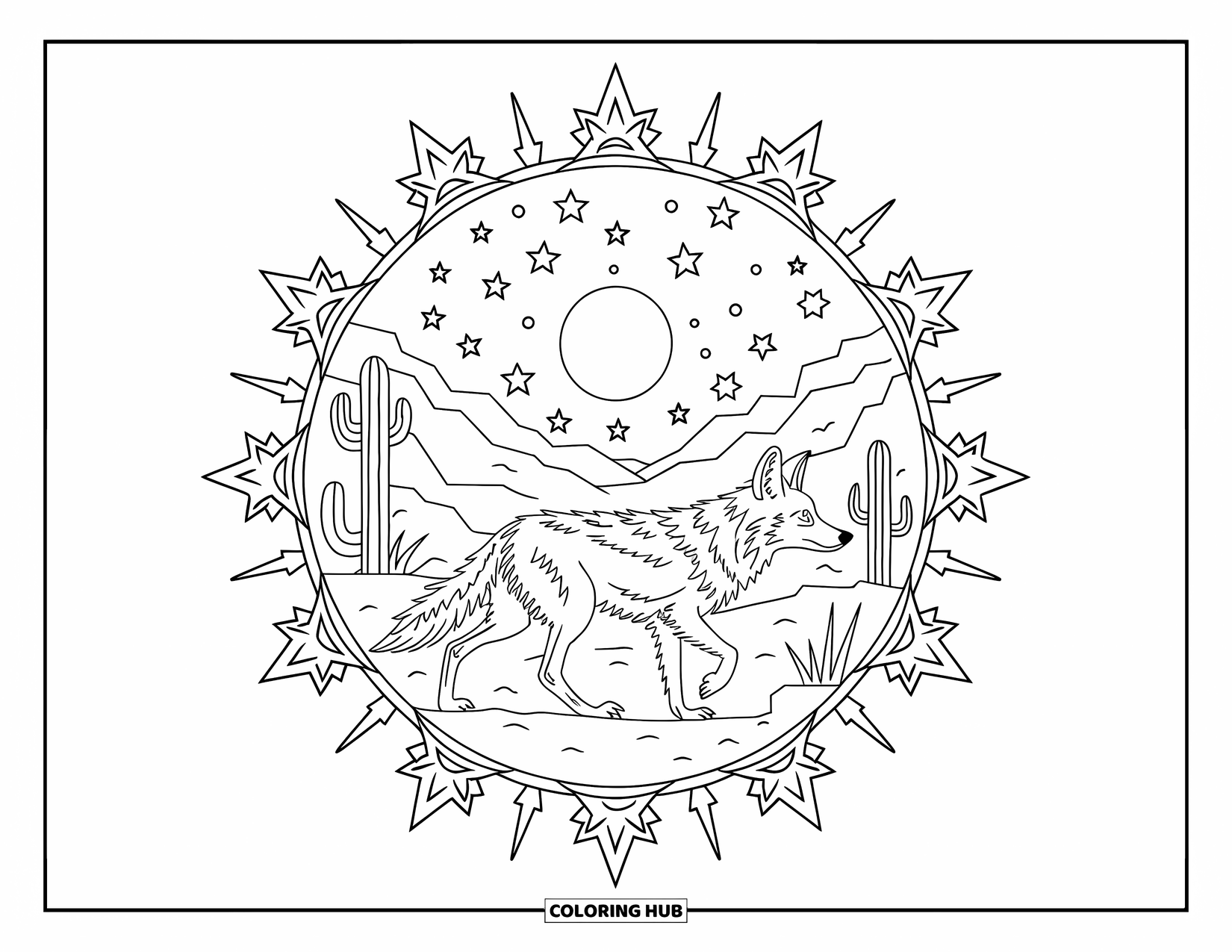 Coyote Coloring Page for Adults: A coyote walks a sandy path under a starry desert sky with cacti and patterns