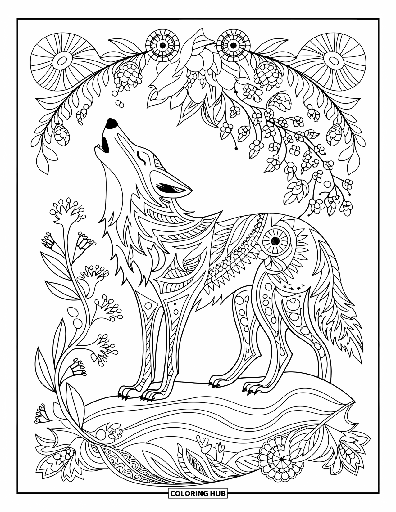 Coyote Coloring Page for Adults: A howling coyote on a rock is surrounded by floral patterns and tiny animals