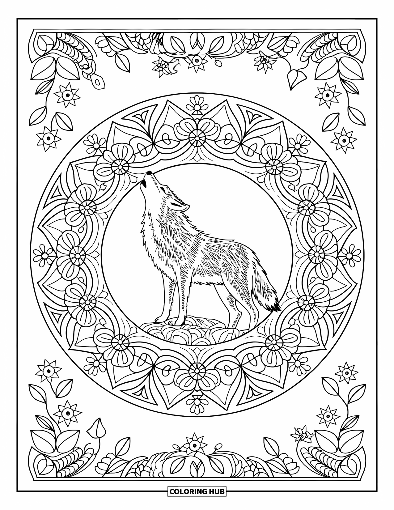 Coyote Coloring Page for Adults: A peaceful coyote howls from a rock, surrounded by flowers, vines, and playful borders