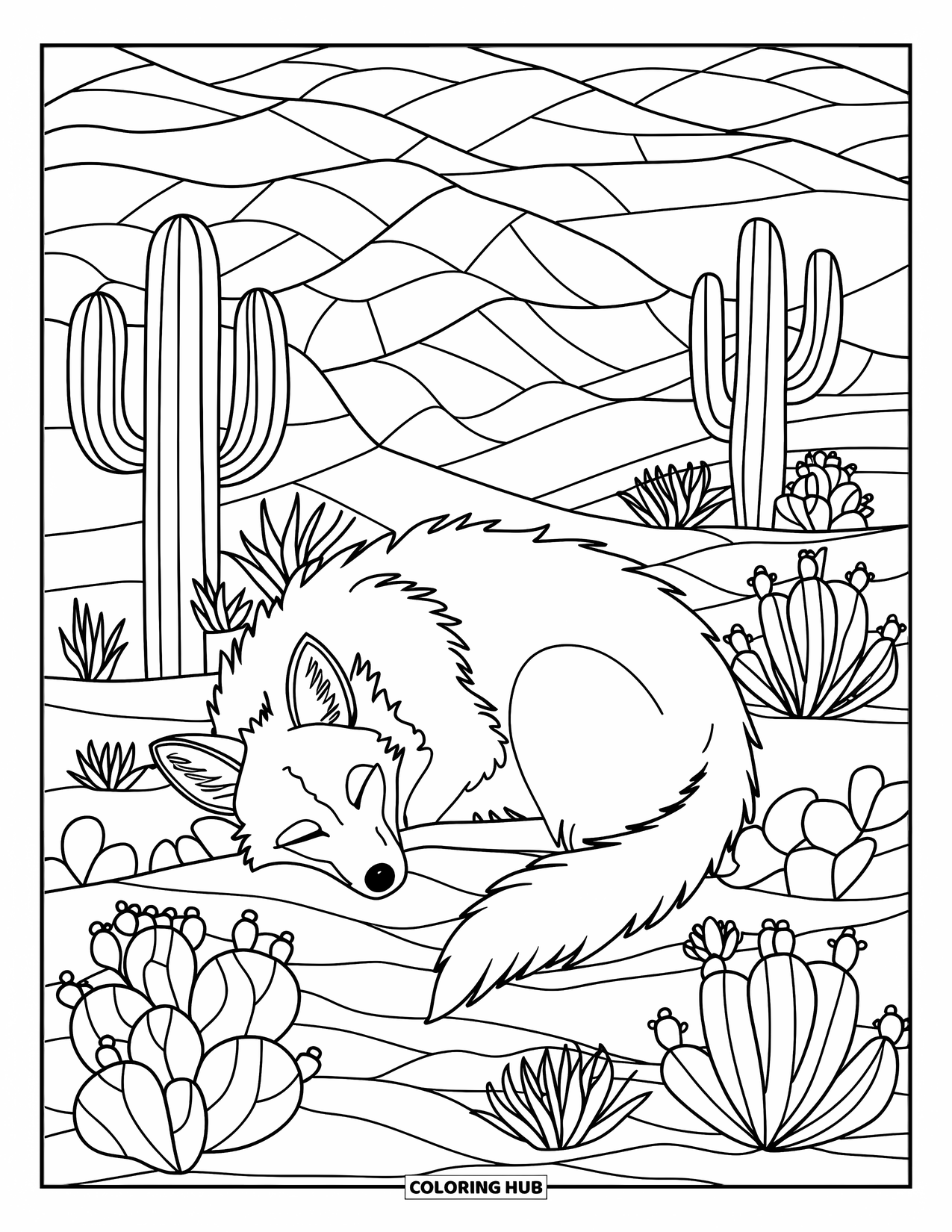 Coyote Coloring Page for Adults: A sleeping coyote is surrounded by cacti and desert plants in stained glass style
