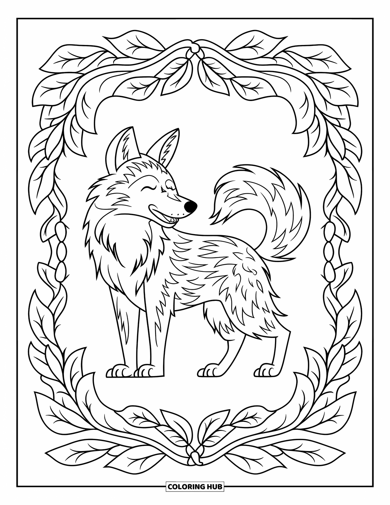 Coyote Coloring Page for Adults: A standing coyote with eyes closed is wrapped in bold vine patterns