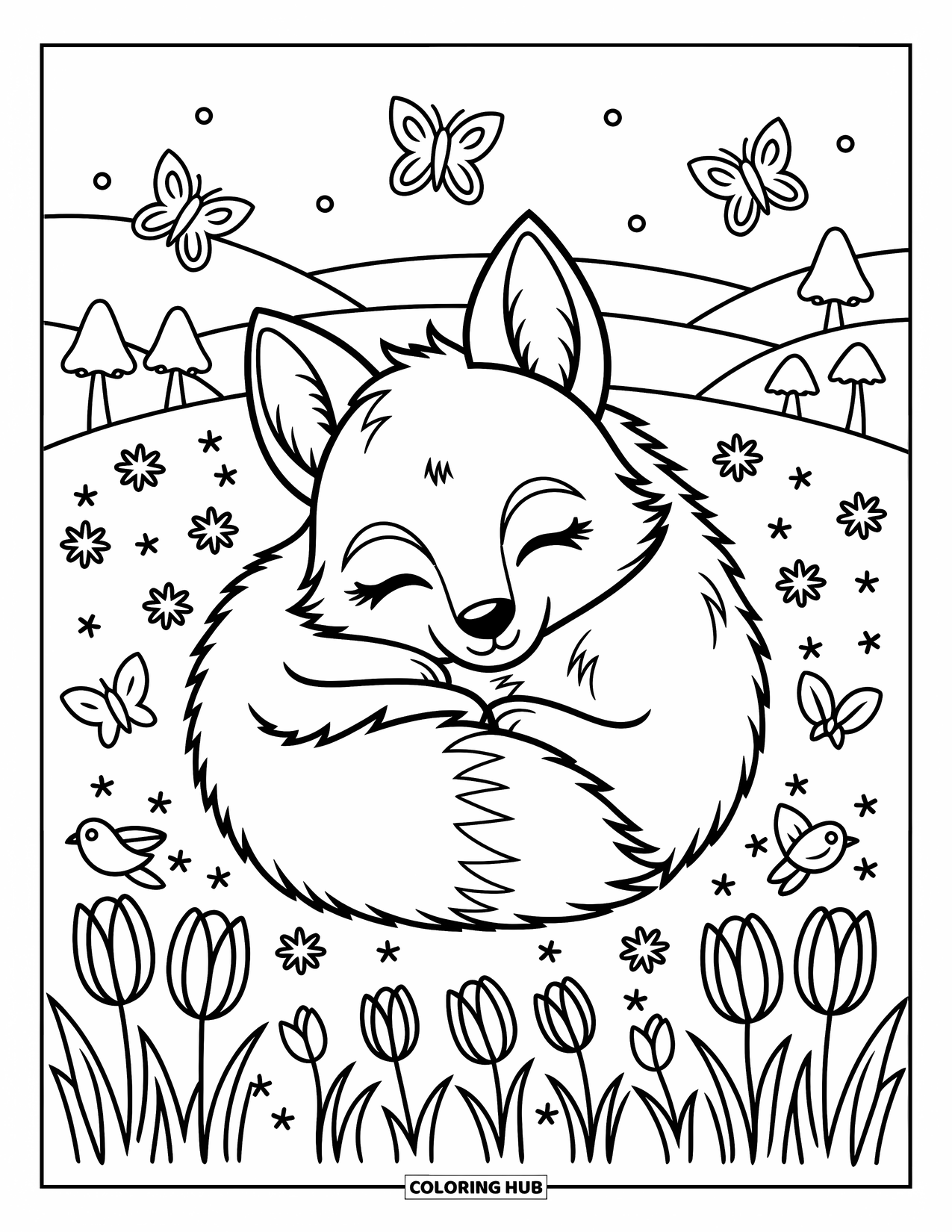 Coyote Coloring Page for Adults: Coyote naps in a field of tulips and wildflowers with butterflies and birds nearby