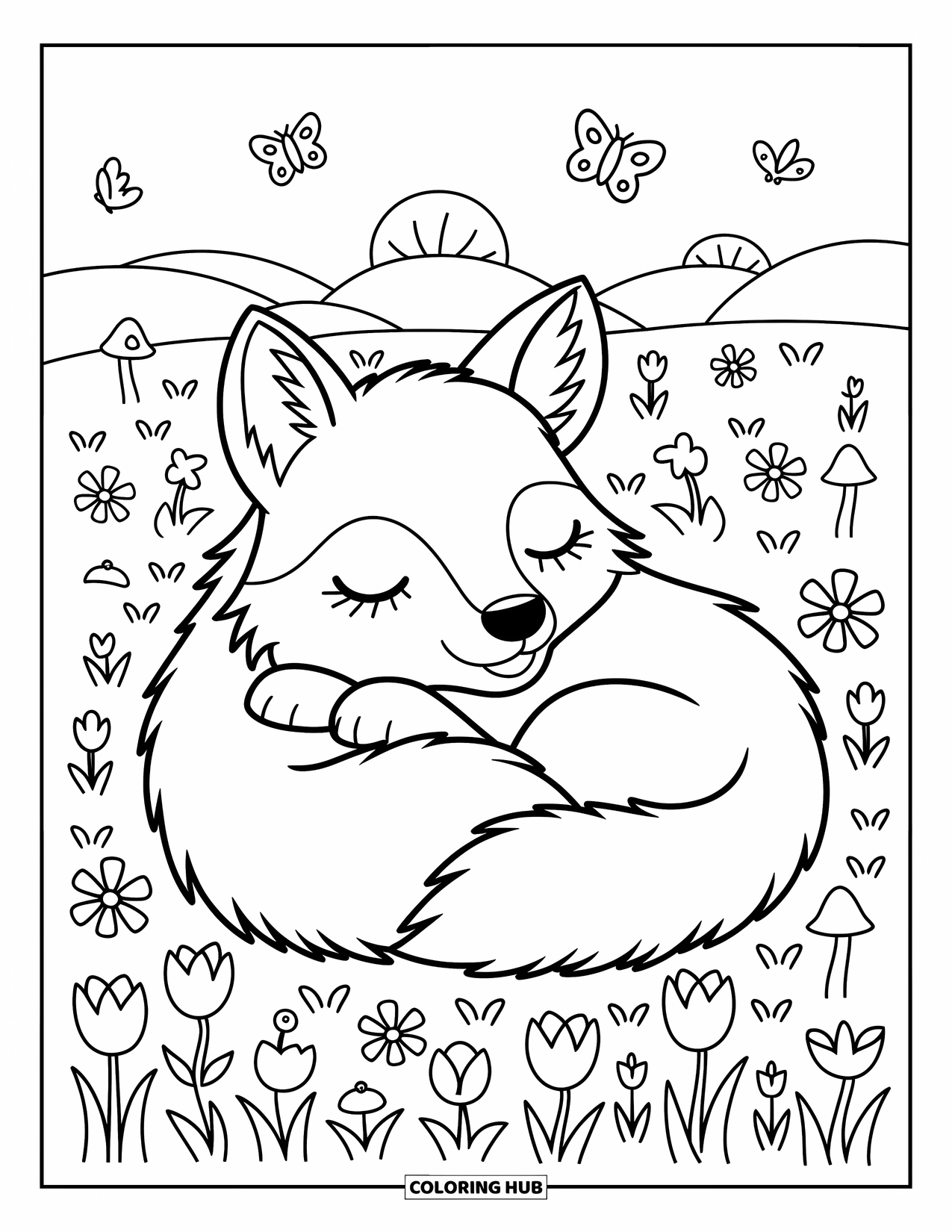 Coyote Coloring Page for Adults: Coyote naps in a flower field with butterflies fluttering and birds resting on tulips