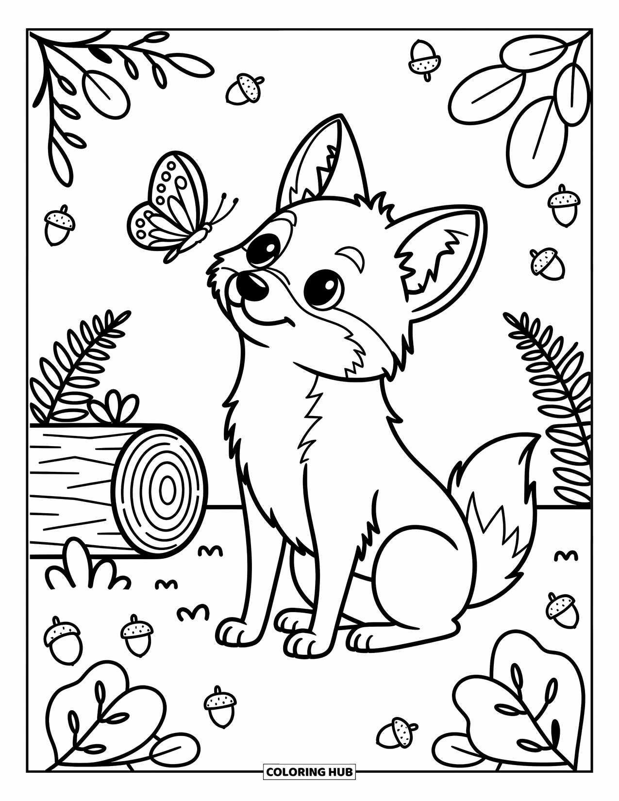 Coyote Coloring Page for Adults: Coyote tilts its head at a butterfly on its nose, surrounded by forest details