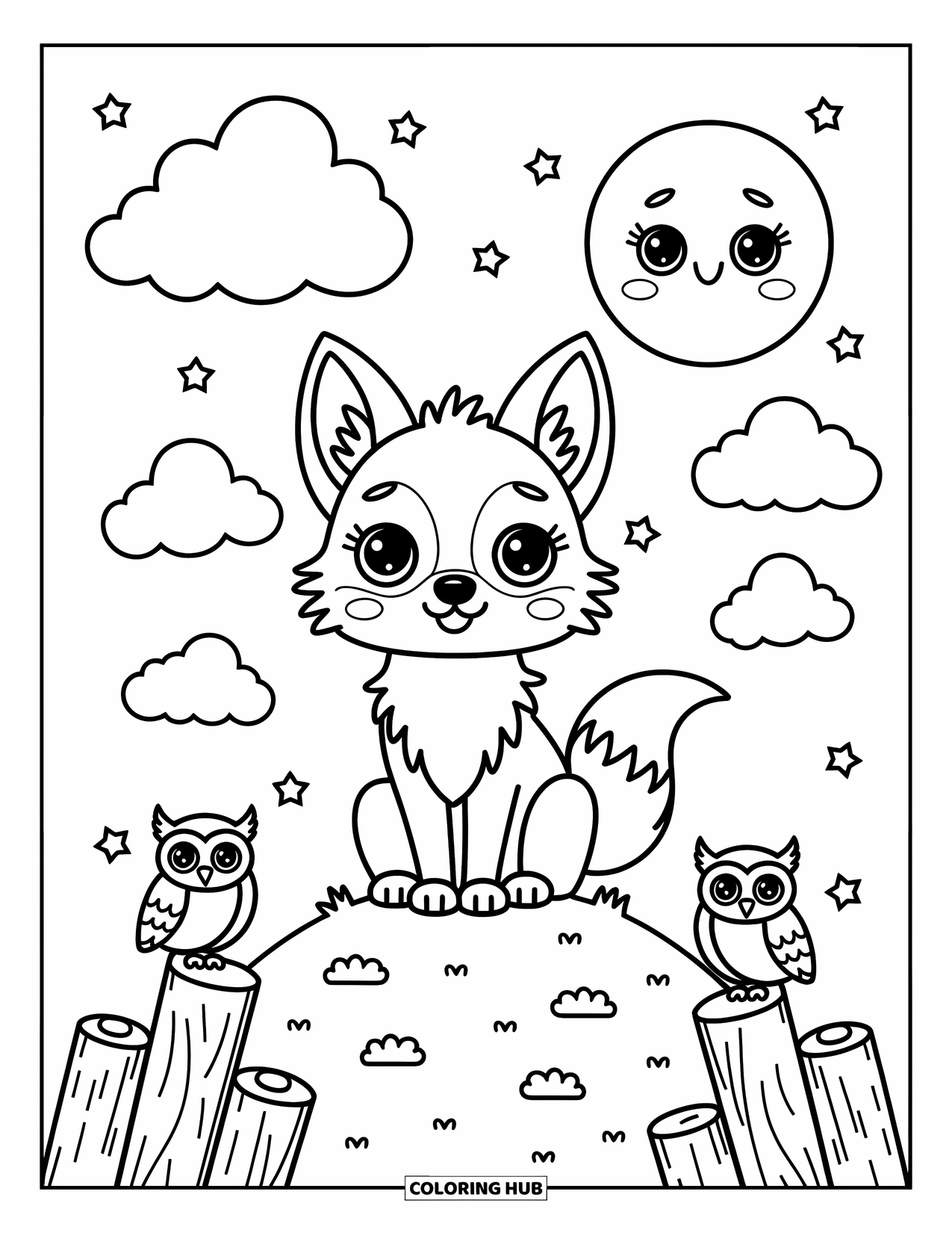 Coyote Coloring Page for Adults: Coyote watches the moon while stars sparkle and owls sit on wooden posts