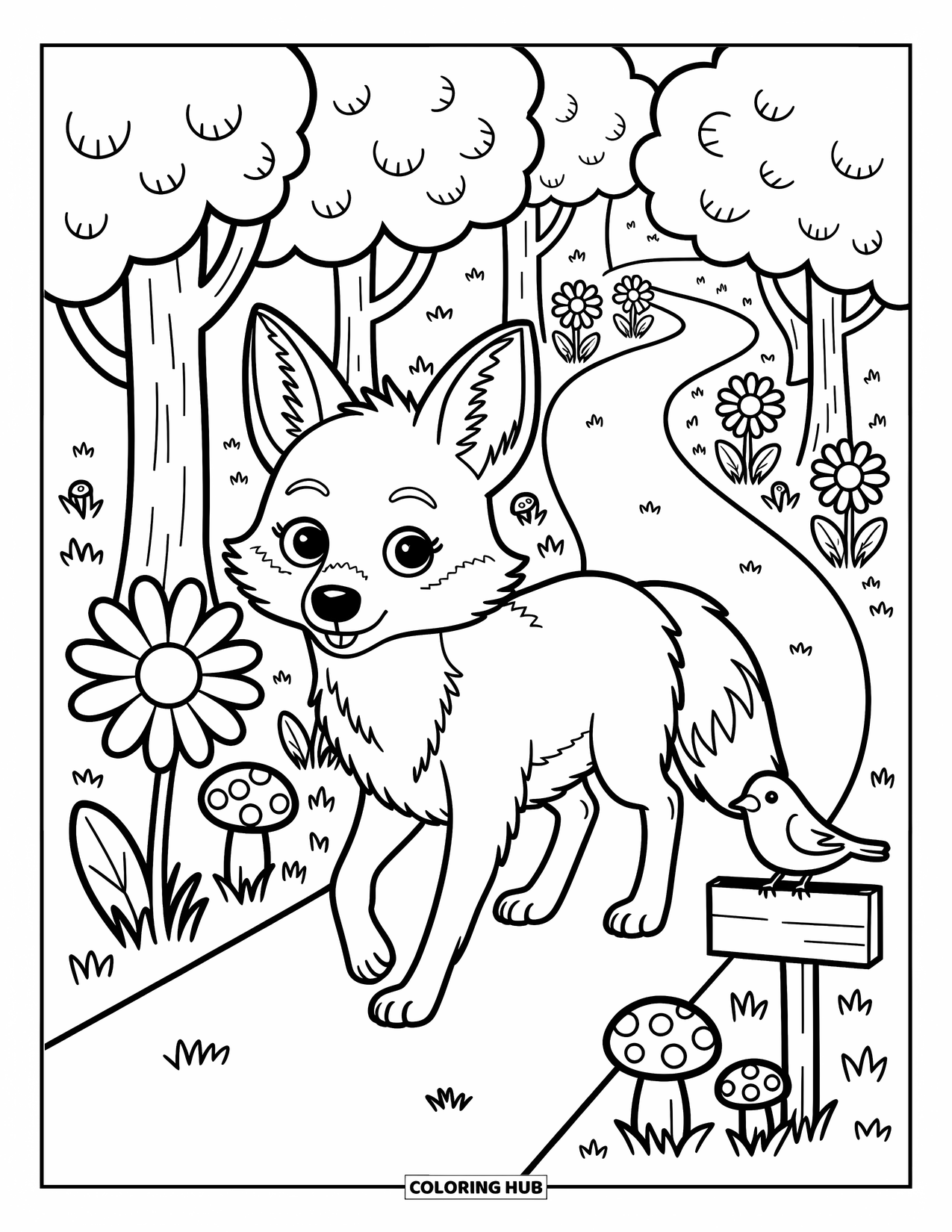 Coyote Coloring Page for Adults: Curious coyote walks a daisy-lined trail past mushrooms and a wooden sign