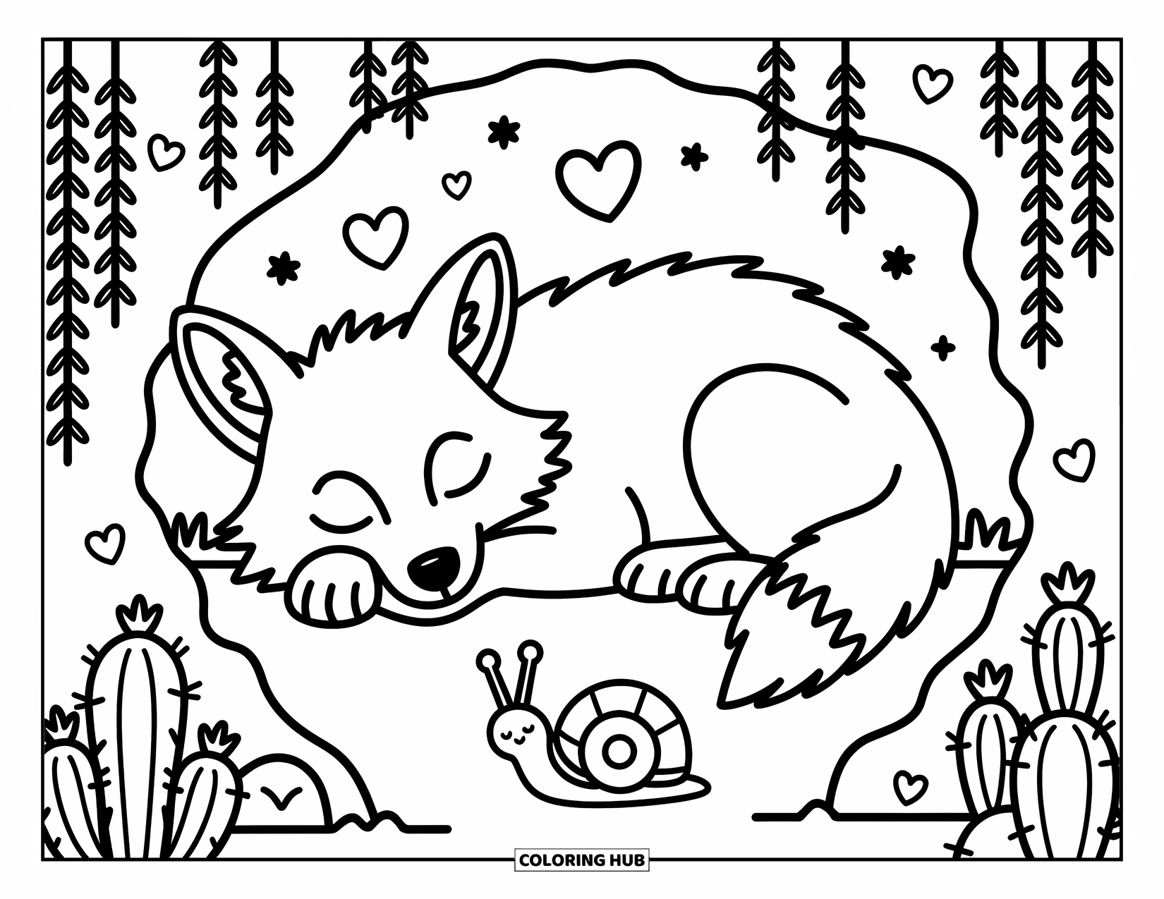 Coyote Coloring Page for Adults: Sleeping coyote dreams sweetly in a cozy nook with cacti and a snail nearby