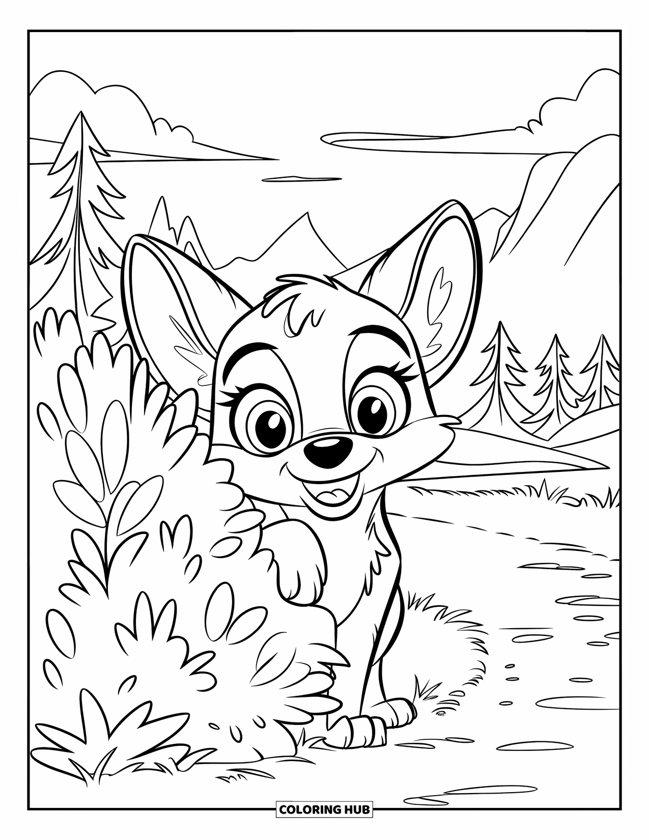 Coyote Coloring Page for Kids: Cheerful pup with big eyes peeks behind a bush near trees and clouds