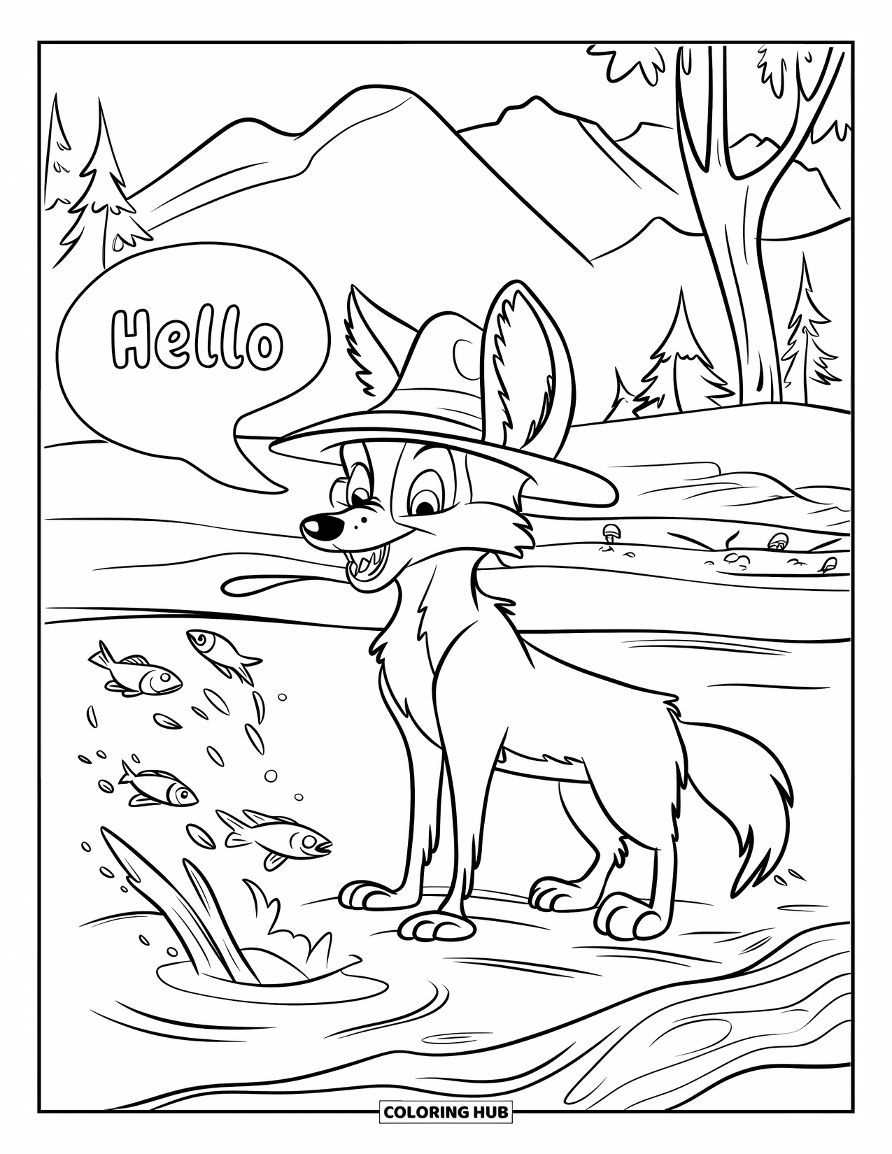 Coyote Coloring Page for Kids: Coyote near a river waves hello as fish leap from the water