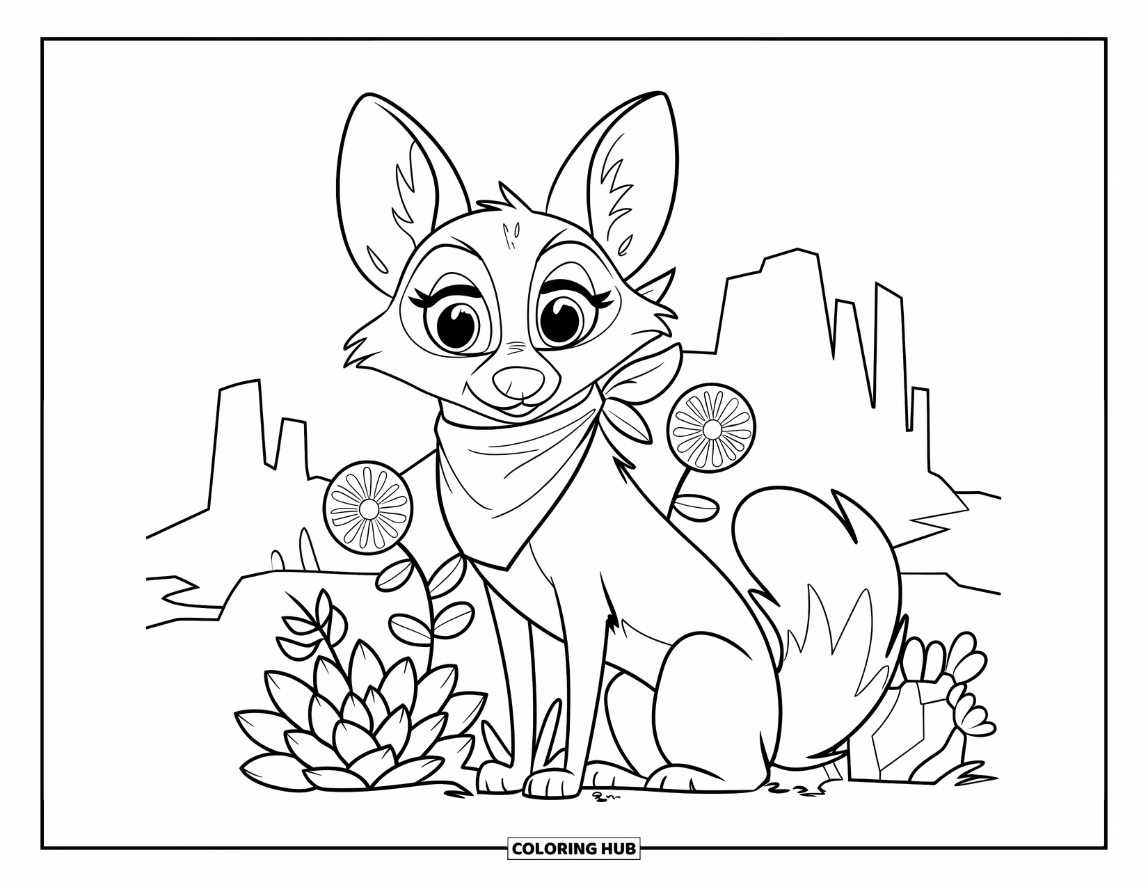 Coyote Coloring Page for Kids: Coyote sits happily among blooming desert flowers and succulents