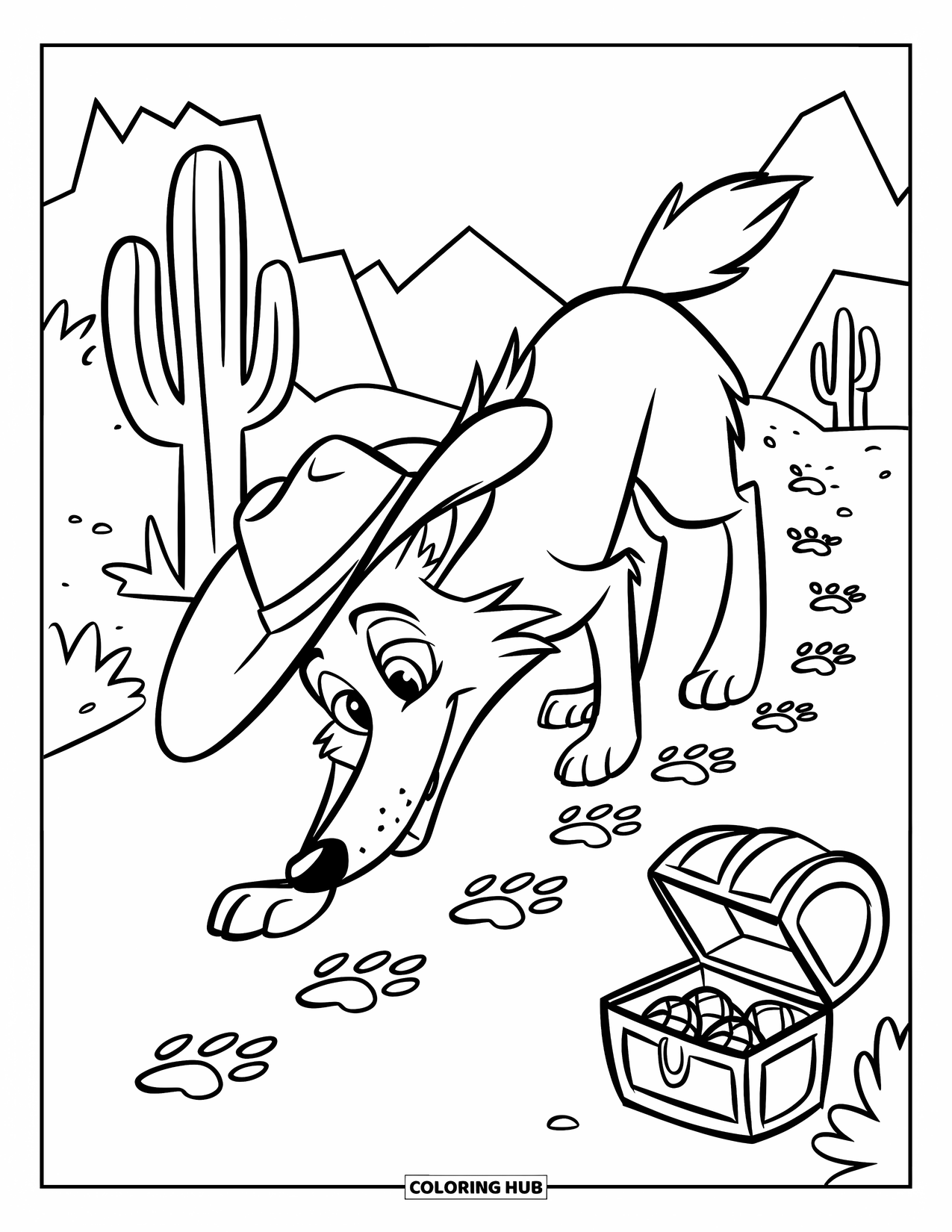 Coyote Coloring Page for Kids: Coyote sniffs paw prints along a dusty trail with treasure nearby