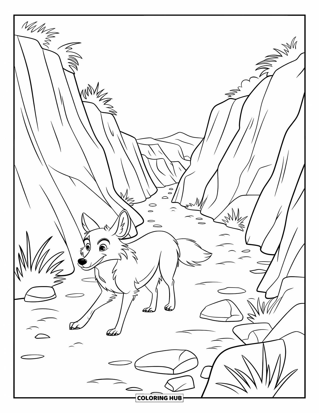 Coyote Coloring Page for Kids: Coyote walks alone through a narrow canyon with plants and rocks