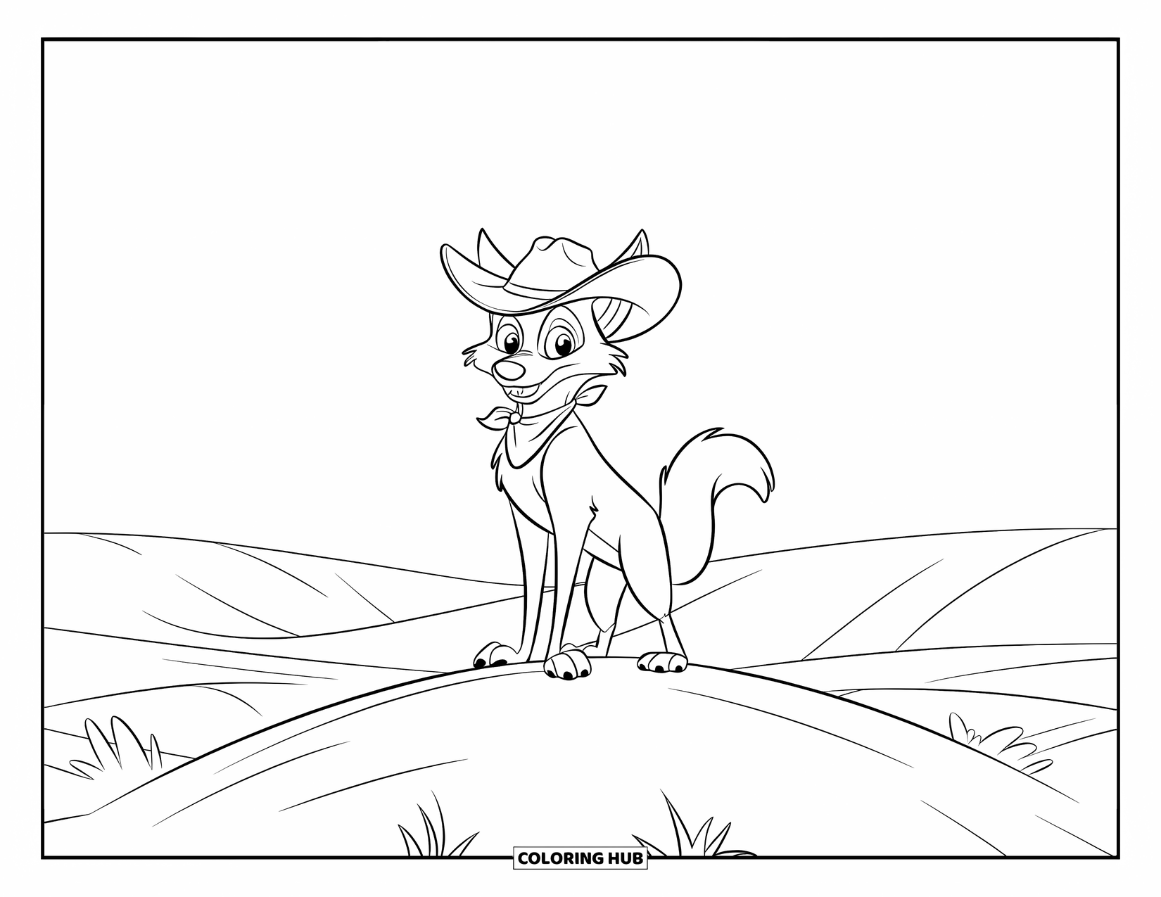Coyote Coloring Page for Kids: Coyote with a bandana and hat poses proudly on a wide hill