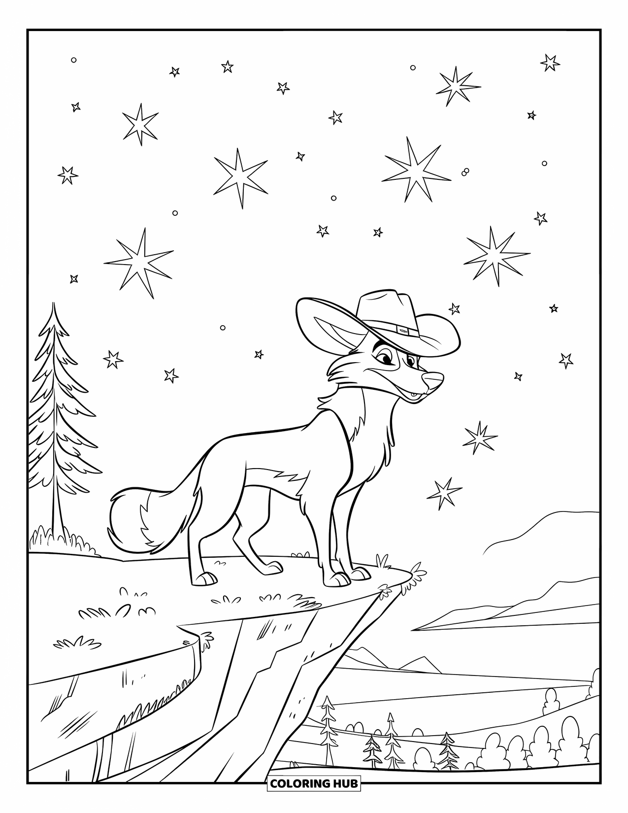 Coyote Coloring Page for Kids: Coyote with a hat looks out from a cliff beneath twinkling stars