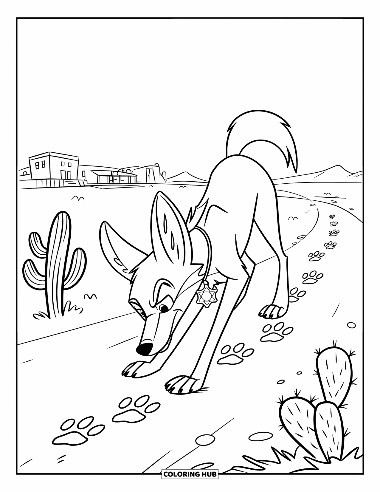 Coyote Coloring Page for Kids: Coyote with a sheriff badge tracks prints toward a distant town