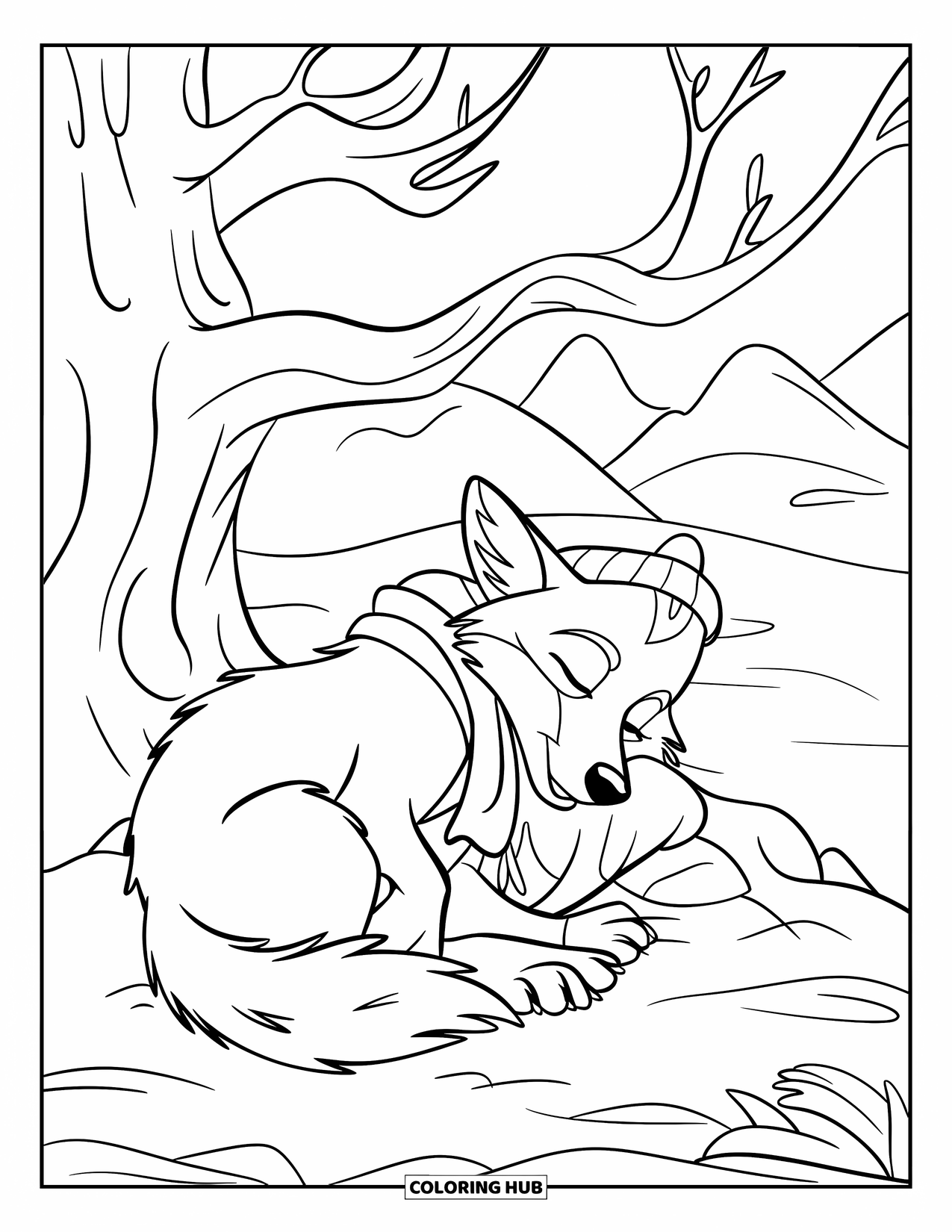 Coyote Coloring Page for Kids: Cozy coyote in winter gear sleeps under a tree in the snow