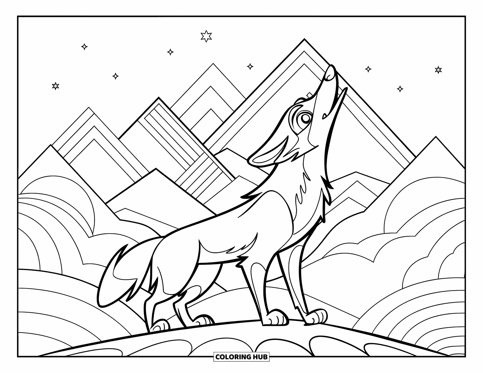 Coyote Coloring Page for Kids: Expressive coyote howls with mountains and stars lighting the sky