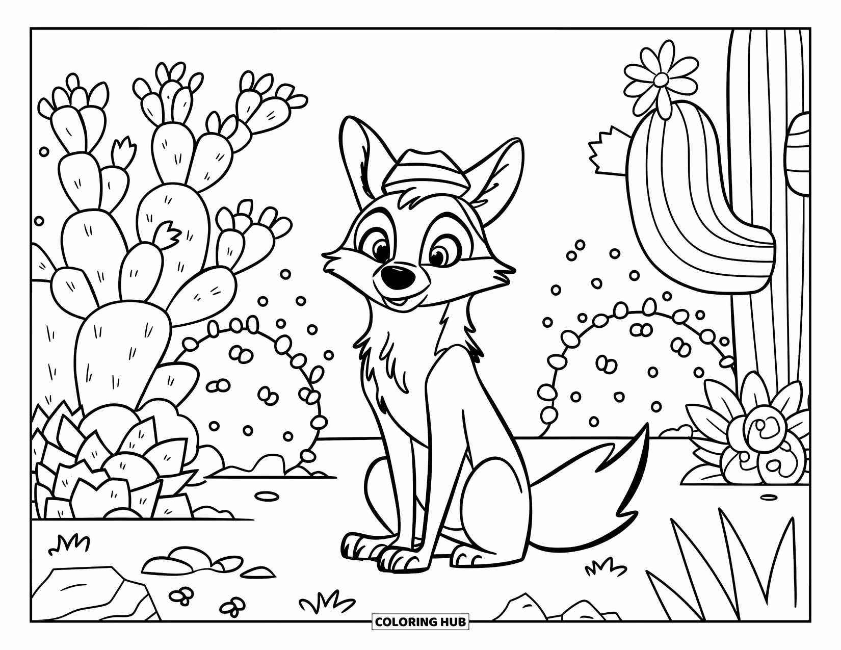 Coyote Coloring Page for Kids: Friendly coyote in a hat sits with desert plants all around