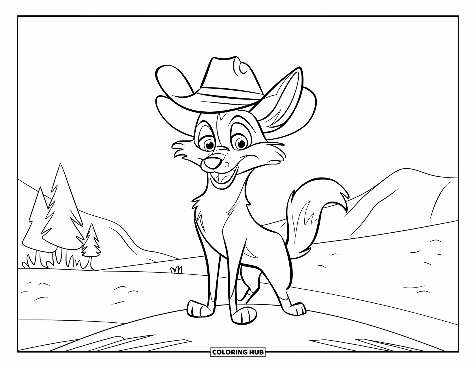 Coyote Coloring Page for Kids: Grinning coyote in a hat stands tall on a grassy hill