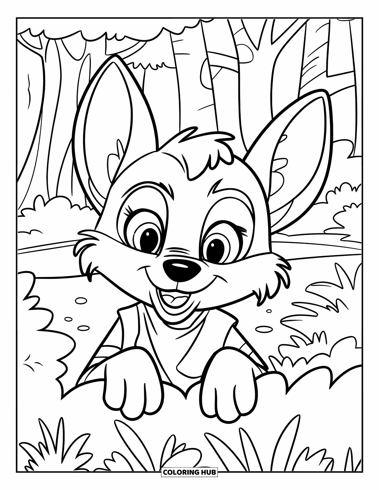 Coyote Coloring Page for Kids: Grinning coyote pup peeks out from a forest bush