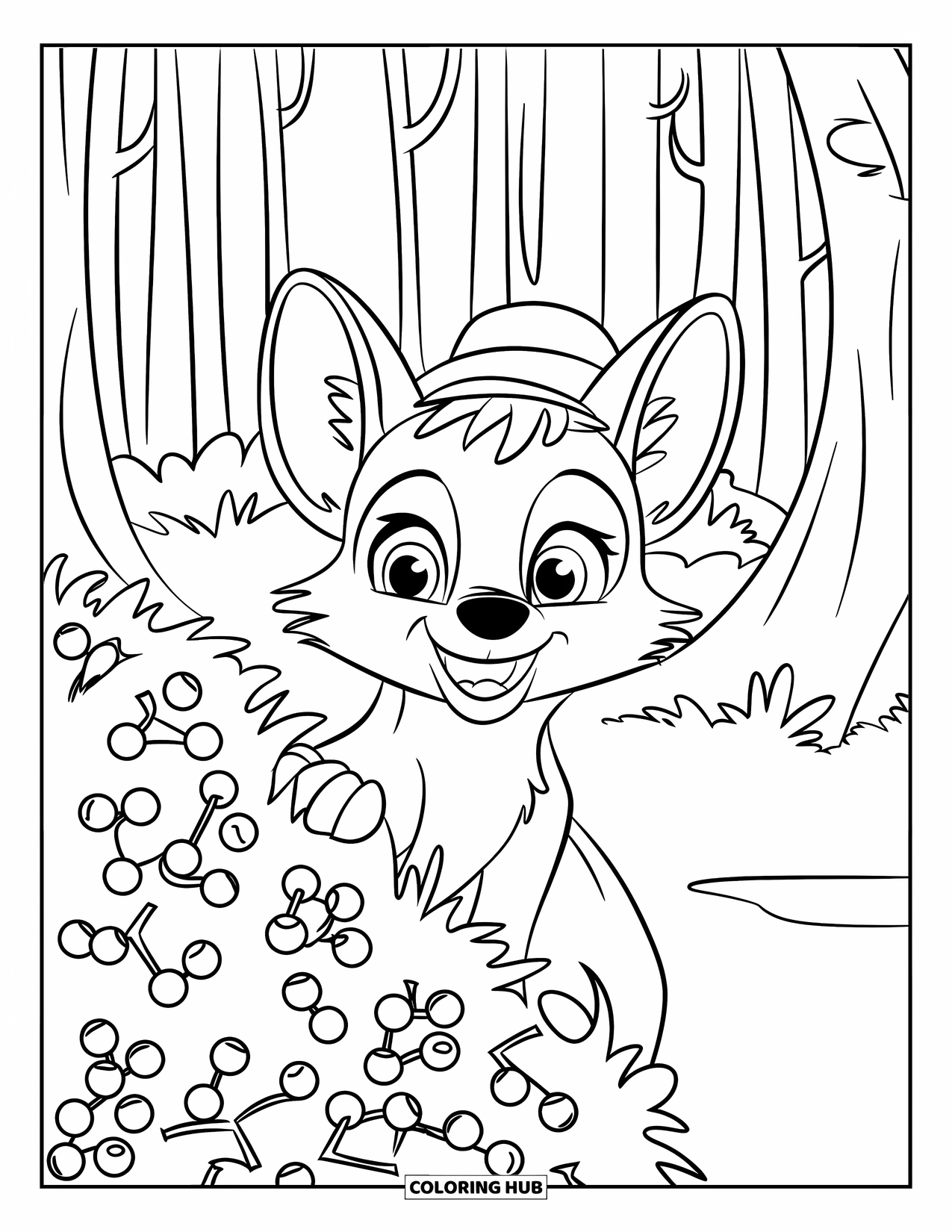 Coyote Coloring Page for Kids: Happy coyote pup in a hat peeks from a berry-filled bush