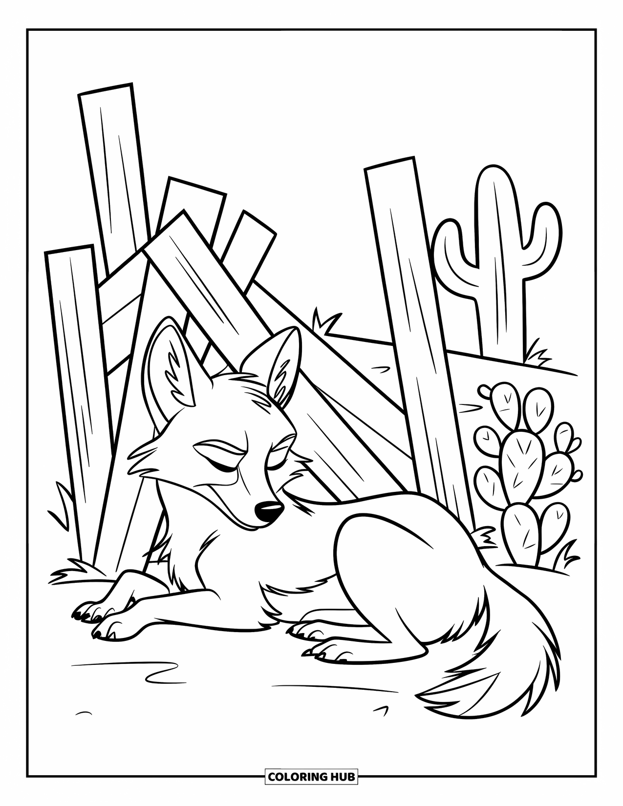 Coyote Coloring Page for Kids: Sleeping coyote lies beside a broken fence surrounded by desert cacti