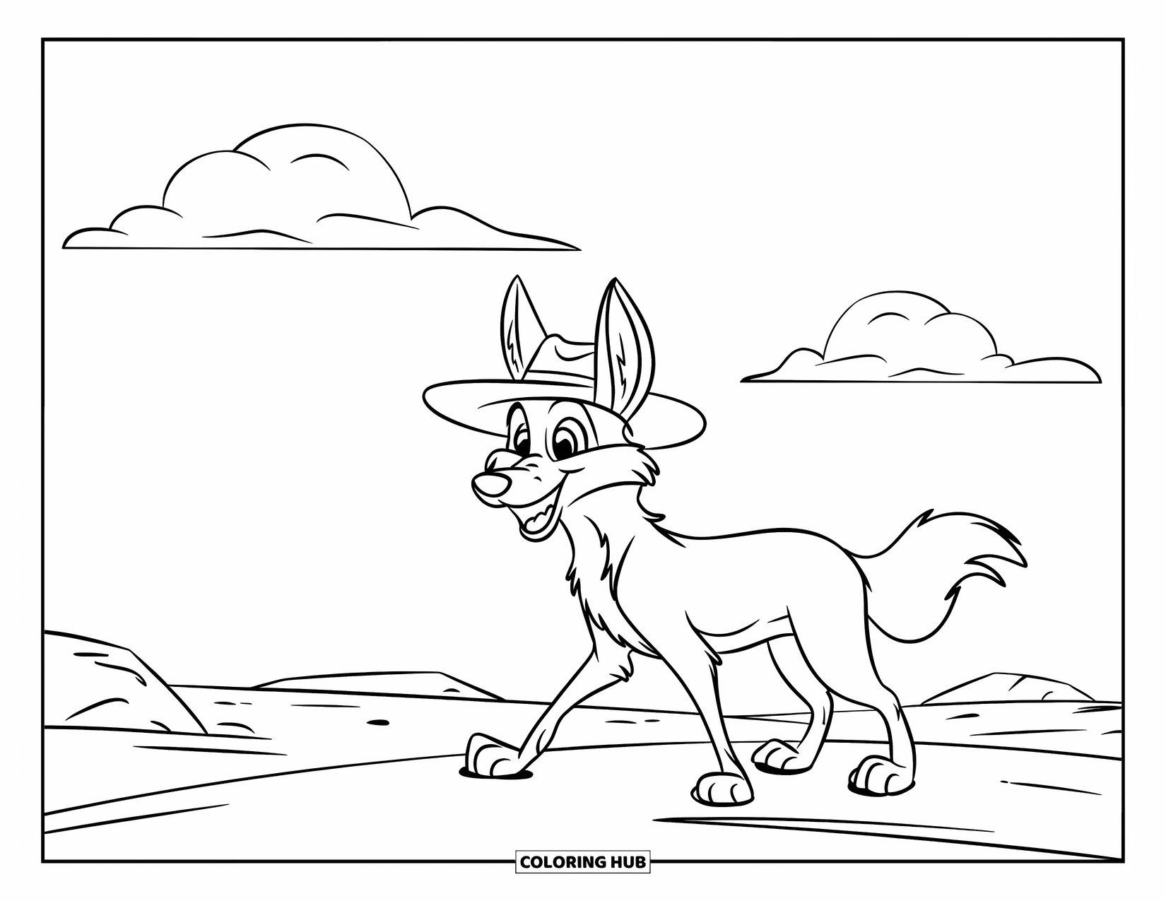 Coyote Coloring Page for Kids: Smiling coyote in a hat strolls across a sunny, open plain