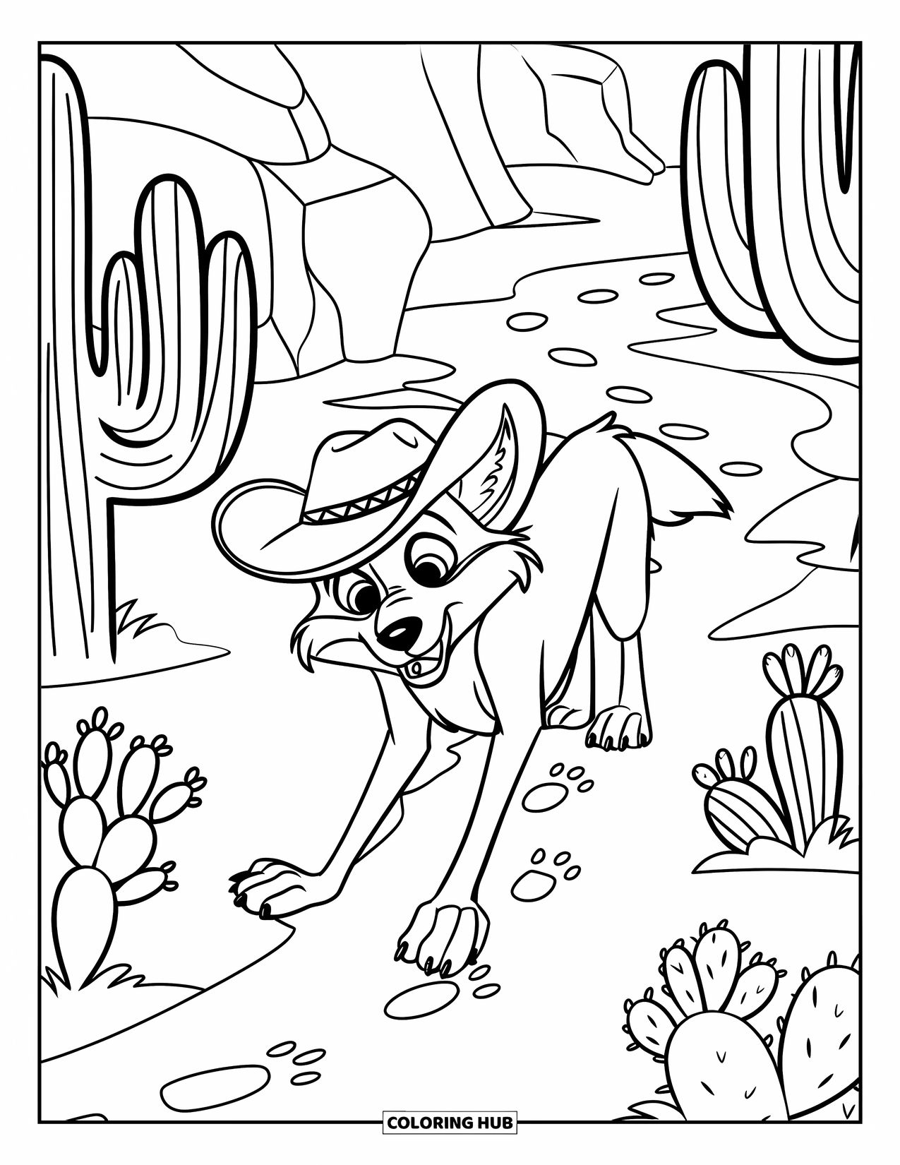 Coyote Coloring Page for Kids: Wide-eyed coyote follows footprints through a rocky desert trail