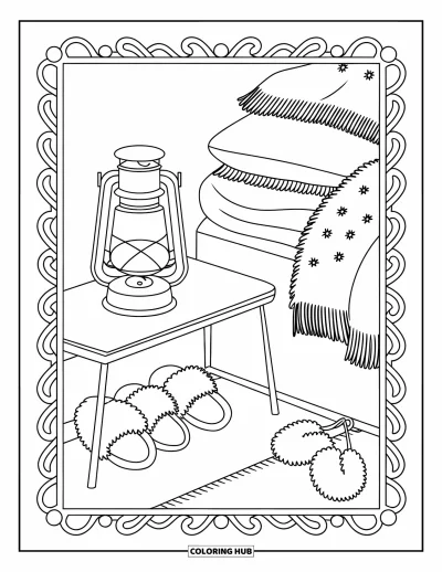 Coloriage douillet pour adultes : Un coin de chambre avec une lanterne, des couvertures superposées, des chaussons et des cache-oreilles moelleux