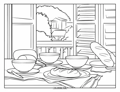 Coloriage douillet pour adultes : Une table de petit-déjeuner avec du pain frais, des bols et la lumière du soleil filtrant à travers des volets en bois