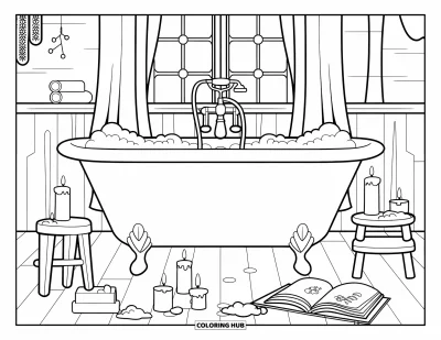 Coloriage douillet pour adultes : Une baignoire sur pieds avec des bulles, des bougies, un livre et un charme rustique dans la pièce