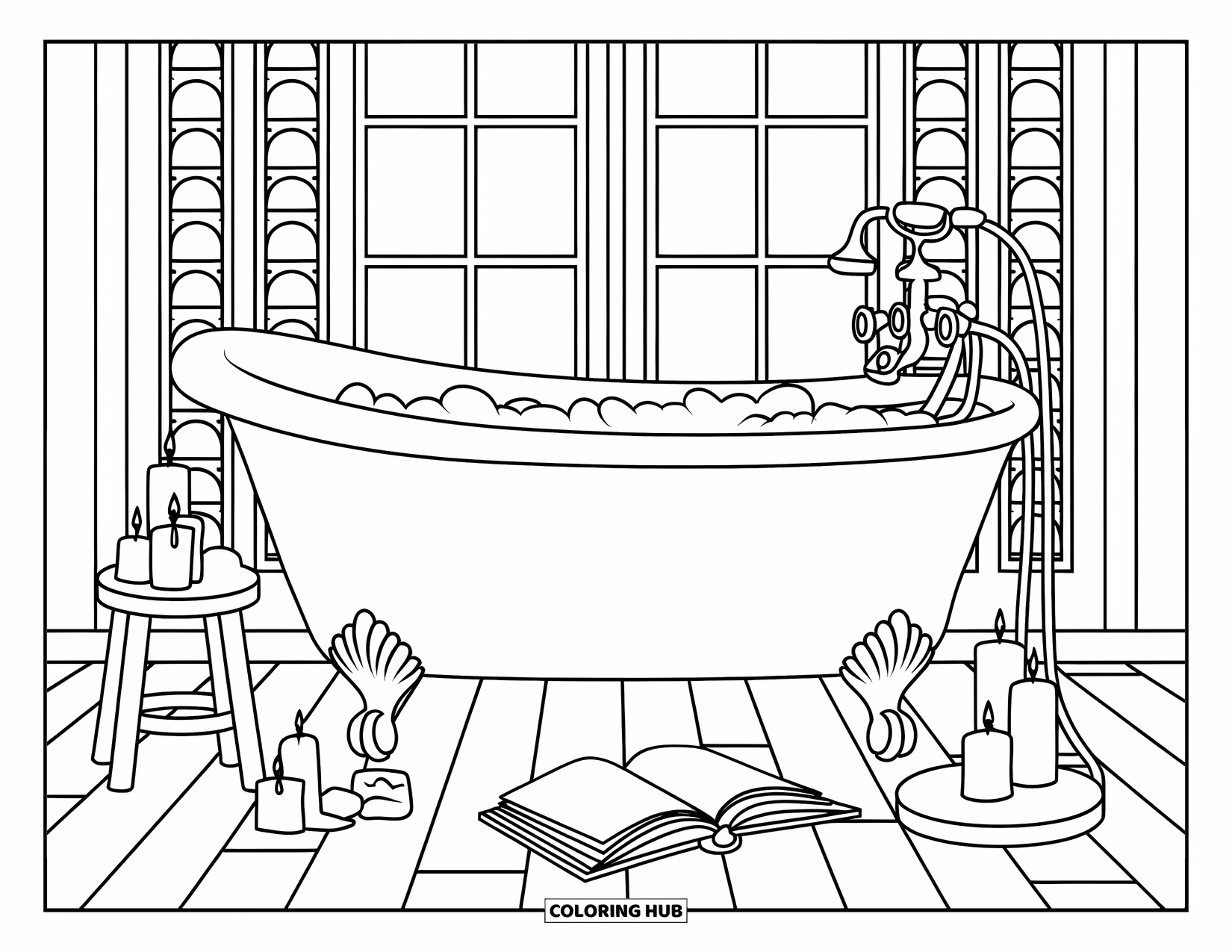 Cozy Coloring Page for Adults: A cozy bathtub with bubbles, candles, a book, and soft patterns around the room