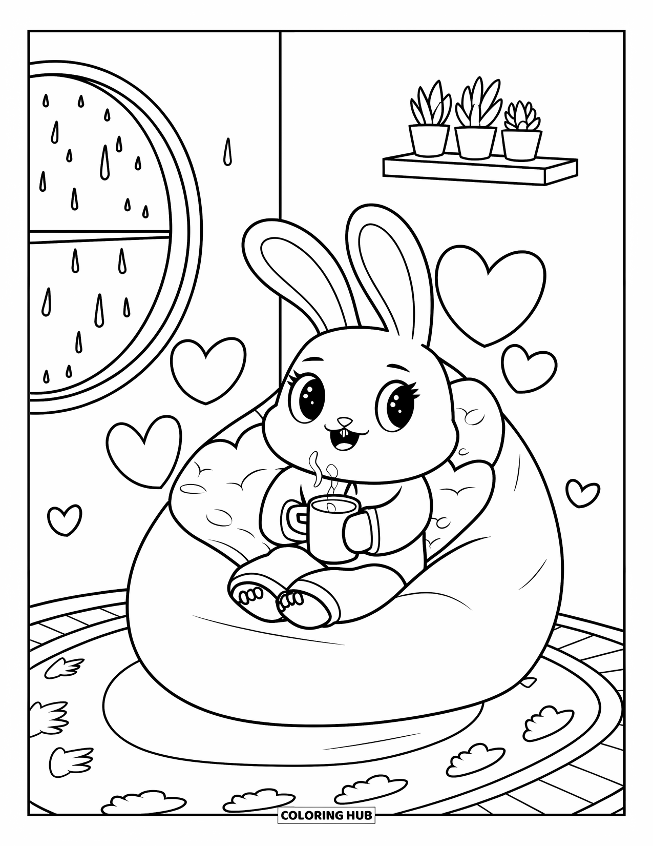 Cozy Coloring Page for Adults: A cozy bunny sips from a mug, surrounded by heart pillows and gentle raindrops