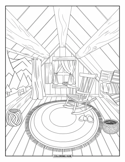 Coloriage douillet pour adultes : Une mezzanine de chalet avec un tapis, un fauteuil, un panier de laine, des livres et une vue sur les montagnes