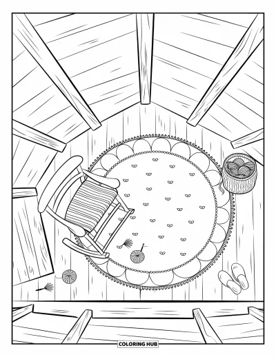 Coloriage douillet pour adultes : Une mezzanine de chalet avec un tapis, un rocking-chair, un panier de laine et des chaussons