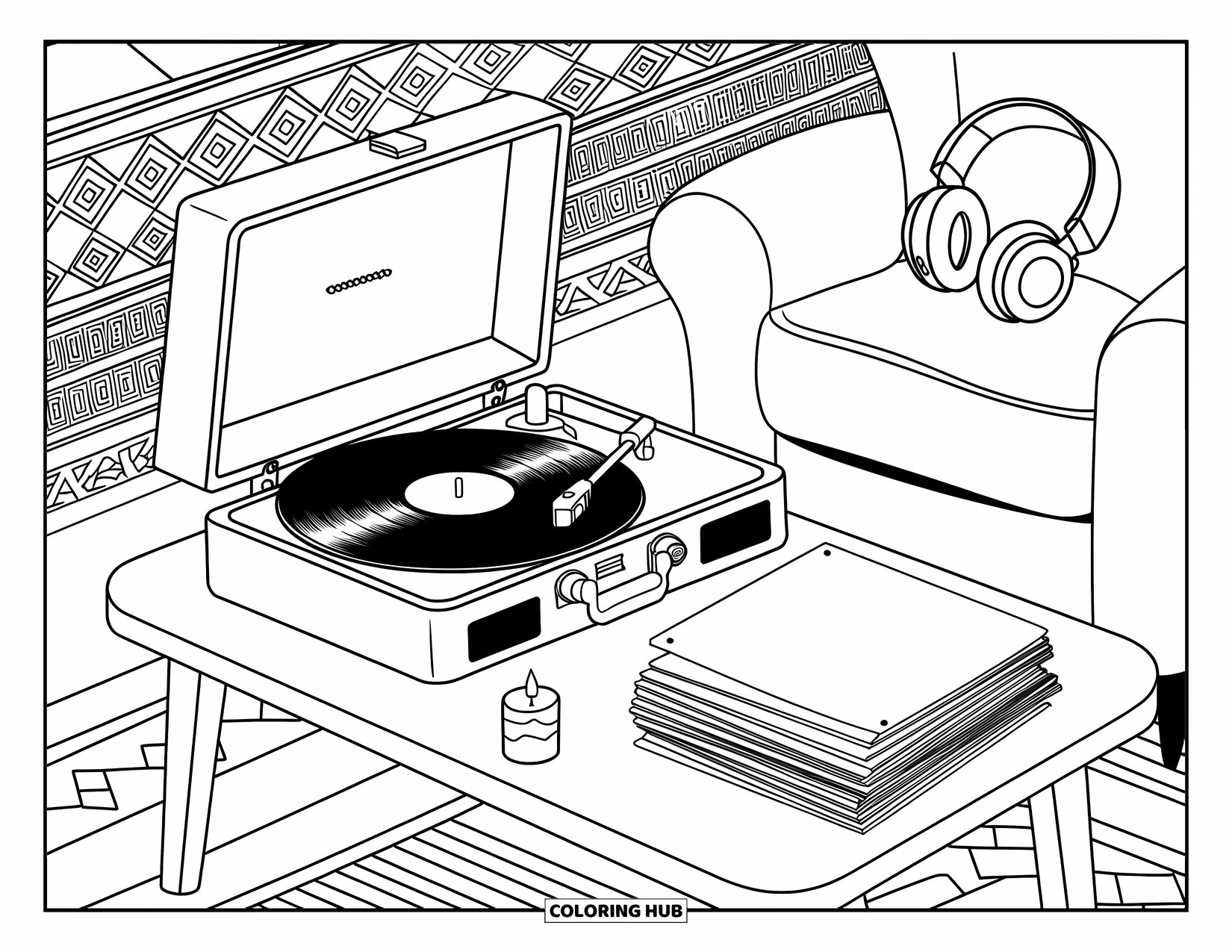 Cozy Coloring Page for Adults: A cozy corner with a record player, stacked vinyls, candles, and a soft armchair