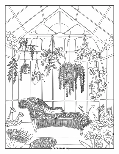 Coloriage douillet pour adultes : Une véranda à toit de verre avec des fougères, des orchidées et une chaise longue en osier