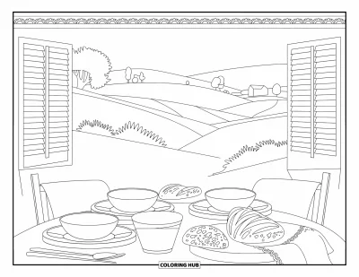 Coloriage douillet pour adultes : Une table matinale chaleureuse avec du pain, des bols, une serviette en lin et des collines au loin