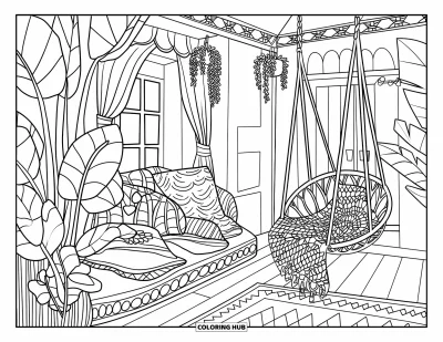 Coloriage douillet pour adultes : Un jardin d'hiver ensoleillé avec de grandes plantes, des coussins à motifs et un fauteuil hamac avec du crochet