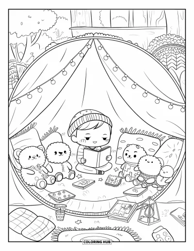Coloriage douillet pour adultes : Une scène de tente chaleureuse où un garçon chibi lit des histoires à des peluches à la lueur d'une lanterne