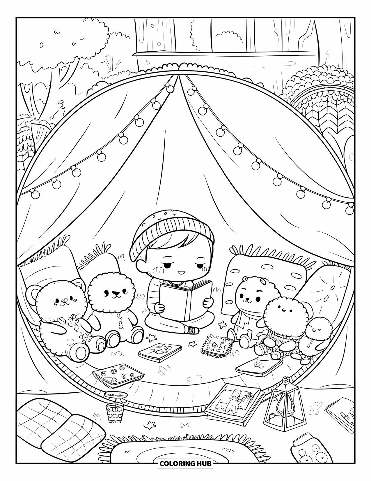 Cozy Coloring Page for Adults: A cozy tent scene where a chibi boy reads to plush animals by lantern light