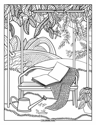 Coloriage douillet pour adultes : Un recoin de jardin avec un banc, un châle, un arrosoir et un livre sous une pergola feuillue